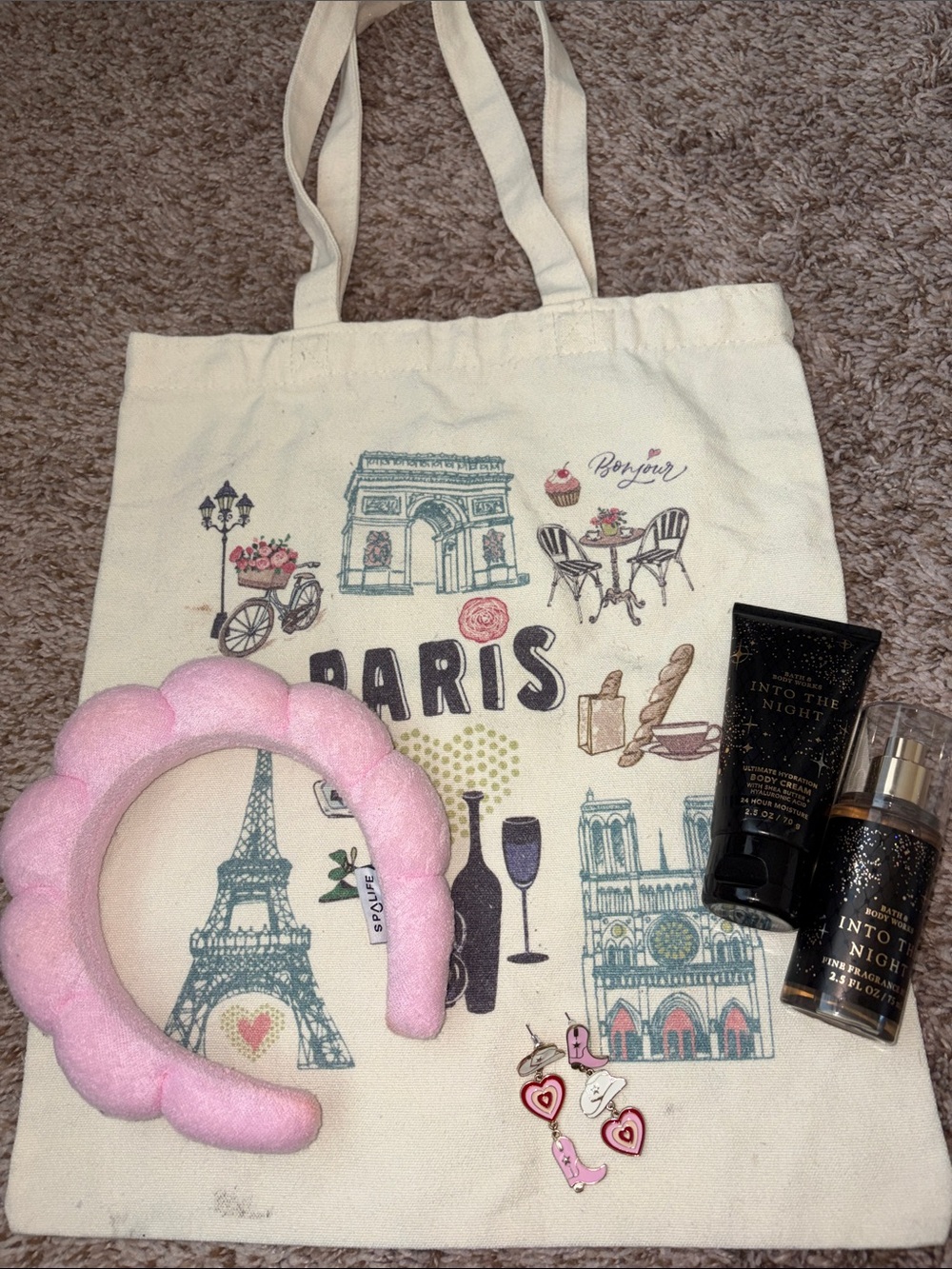 Paris Canvas Tote Bag , headband, earrings, and bath & body works bundle